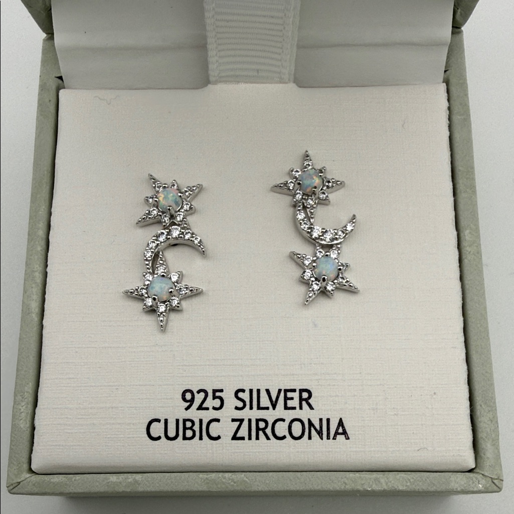 Rachel Ashwell 925 Silver Cubic Zirconia Moon & Star Drop Earrings Gift Box